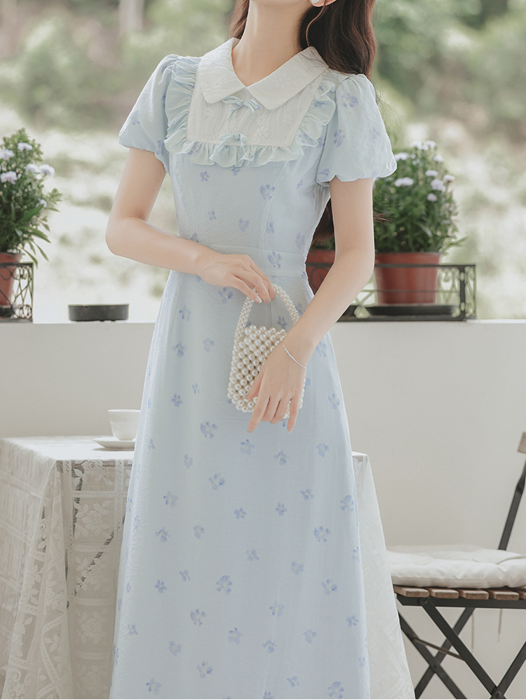 Vintage Bow Short Sleeve Dress Women's Summer Design Sense Niche Commuter College Style Dress Women 50