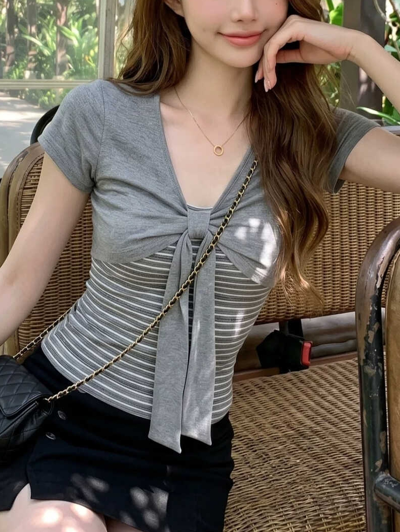 RINA Bow Layered T-Shirt 蝴蝶结假两件T恤*3 Colors