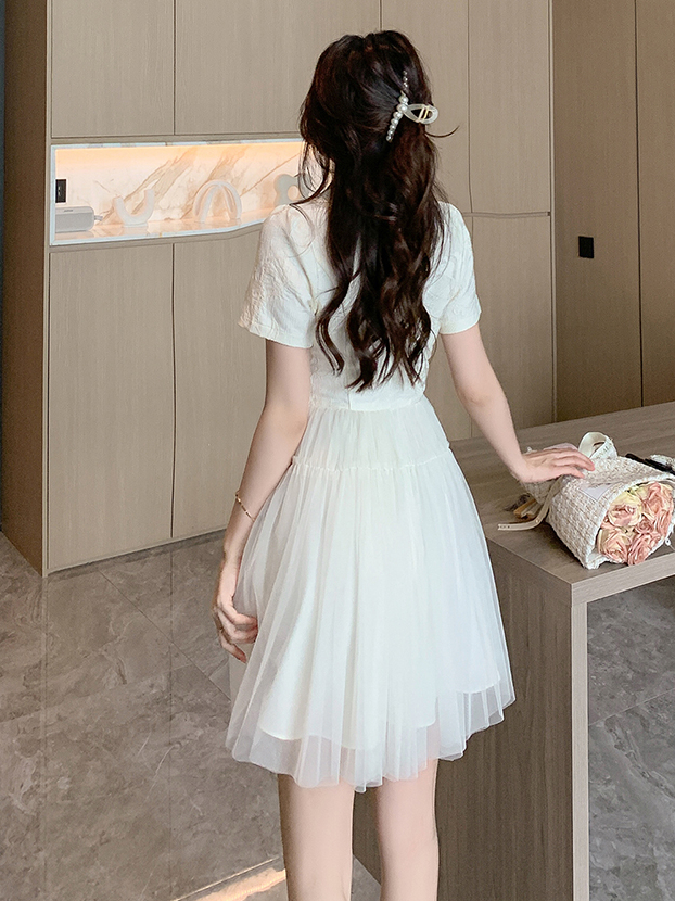 盘扣旗袍连衣裙 Jacquard Patchwork Pearl New Chinese Style Improved Cheongsam Fashion Mesh Puffy Dress