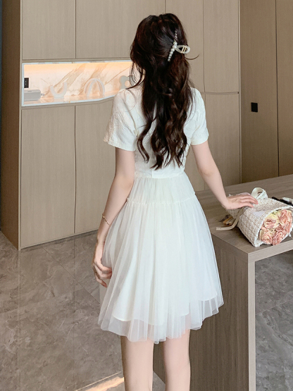 盘扣旗袍连衣裙 Jacquard Patchwork Pearl New Chinese Style Improved Cheongsam Fashion Mesh Puffy Dress