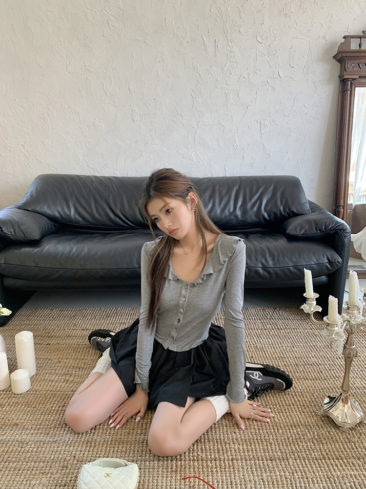 Ruffle Long Sleeve Tee 木耳边开衫长袖t恤*2 Colors