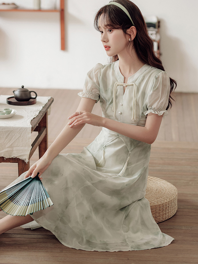 New Chinese Style Improved Cheongsam Printed Temperament Dress Women's Summer New Design Sense Fairy Chic Dress 40