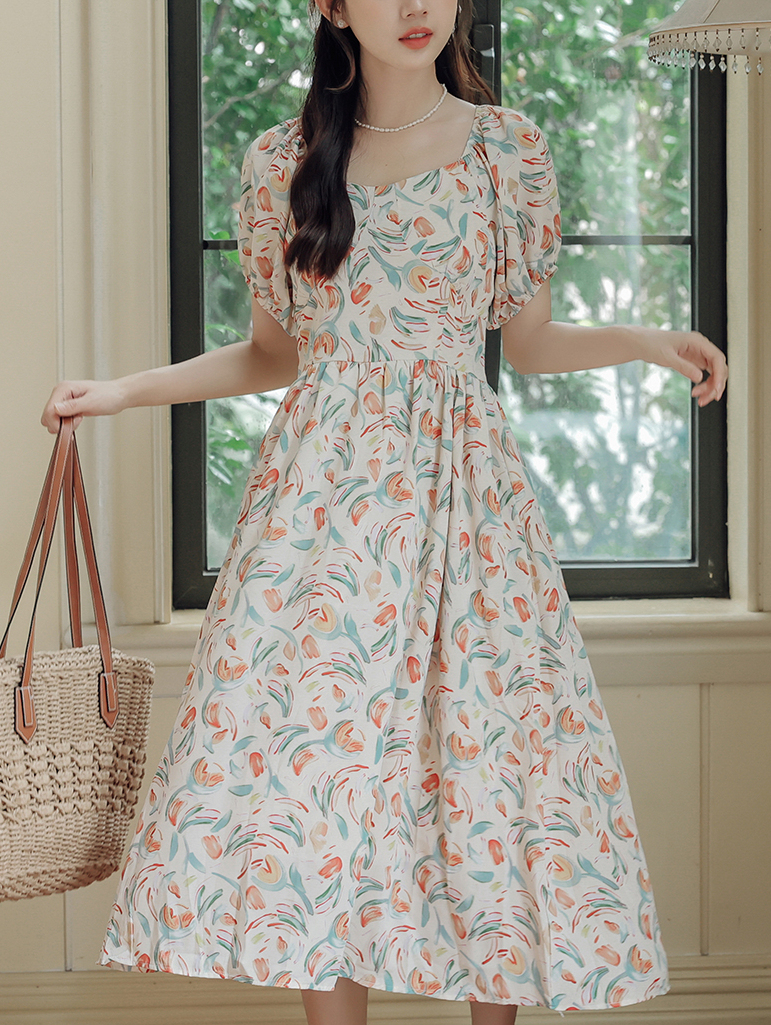 Tea Break French Square Collar Floral Puff Sleeve Dress Female Summer Small Back Cutout A- line Skirt 40