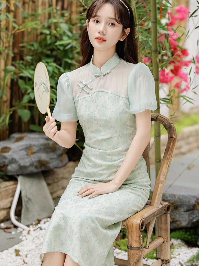 Uragiri Yarn Mint Mambo Style New Chinese Improved Cheongsam Dress Green Fake Two Pieces Girl Cheongsam Skirt 40