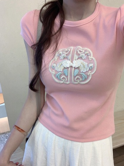 Ribbed Texture Embroidered Crop Tee 刺绣螺纹短款t恤*4 Colors 