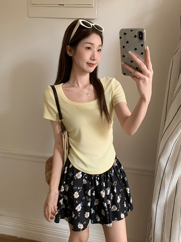 Taro Purple Pure Desire Ruched Square Neck Short Sleeve T-Shirt 方领抽褶短款T恤