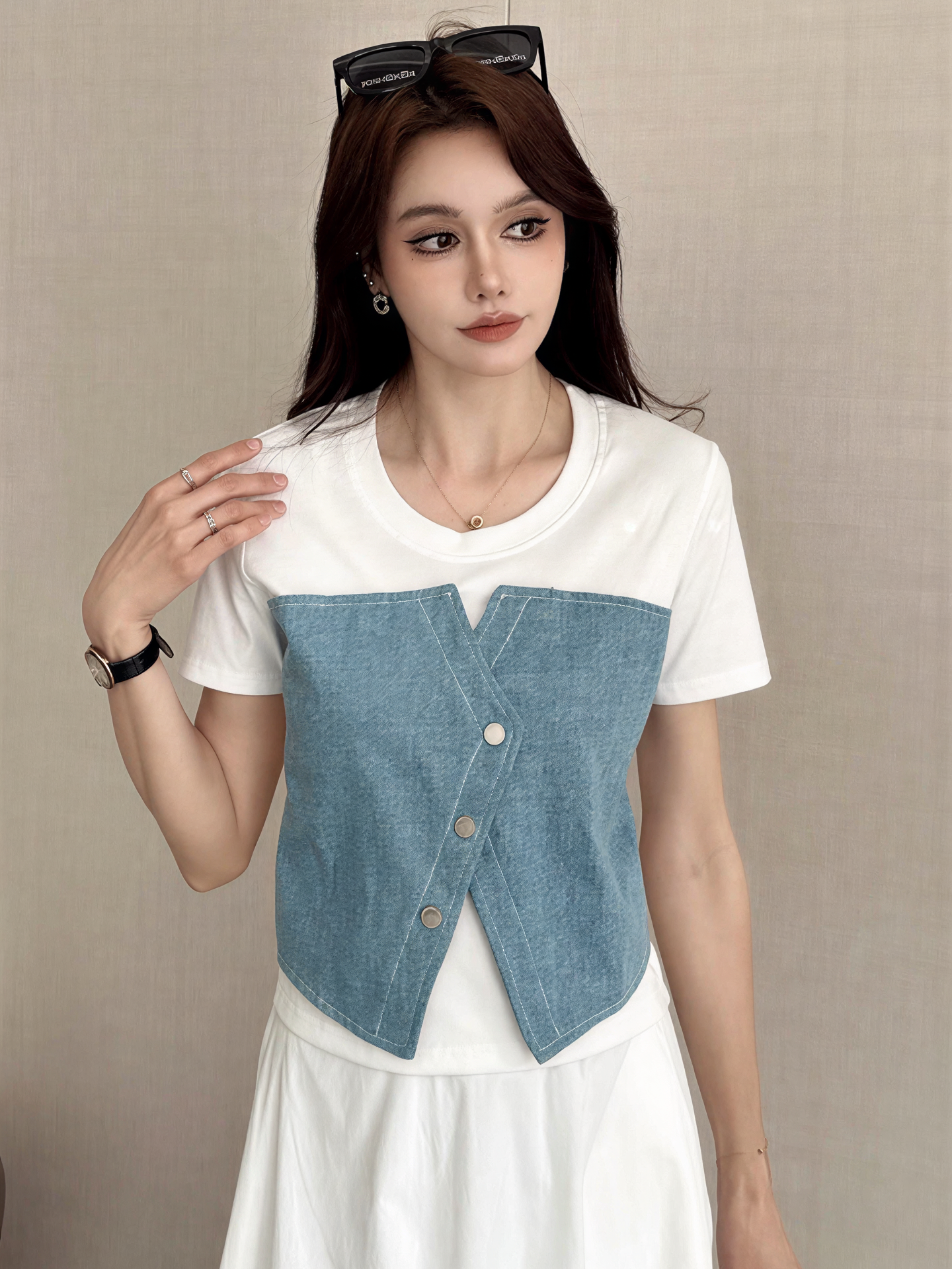 Denim Vest Patchwork T-Shirt 牛仔马甲拼接T恤*4 Colors