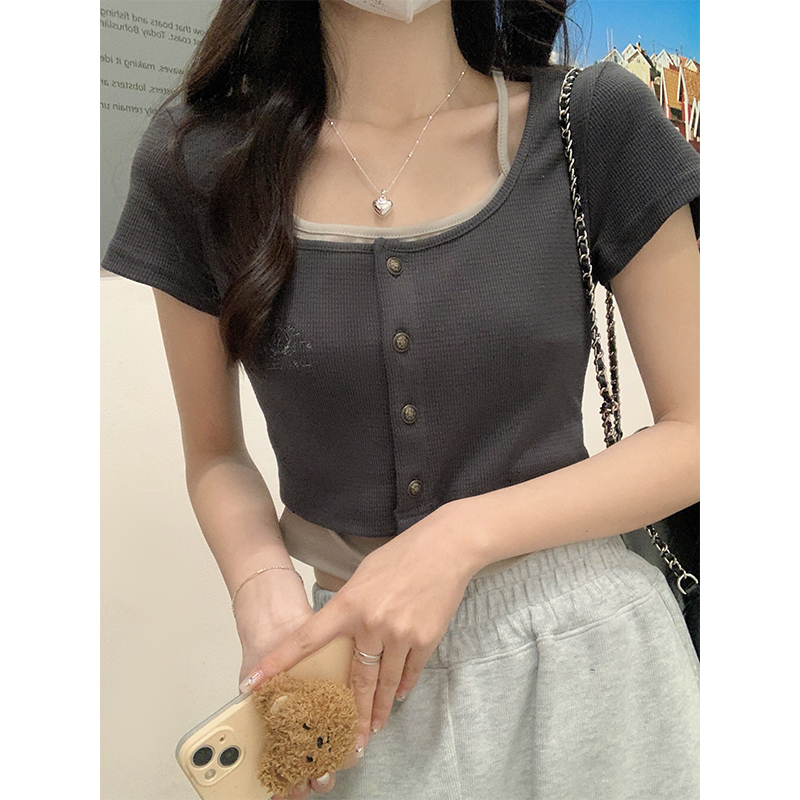 Halter Neck Cropped Top 挂脖假两件短款上衣*2 Colors