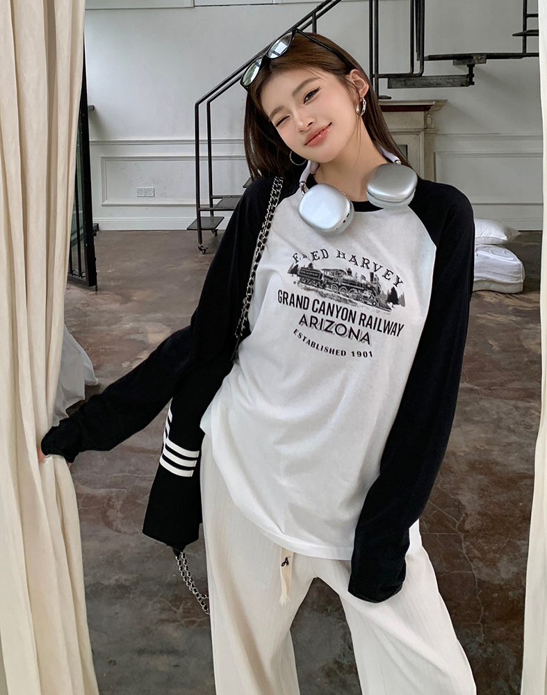 Contrast Color Long Sleeve T-shirt美式印花撞色长袖T恤 *2Colors