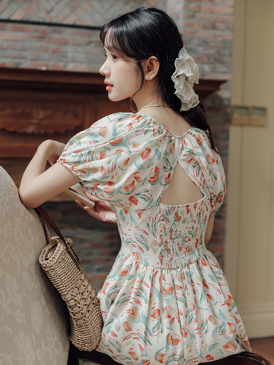 Tea Break French Square Collar Floral Puff Sleeve Dress Female Summer Small Back Cutout A- line Skirt 40