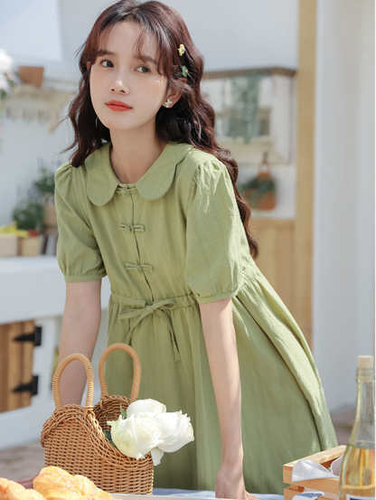 2024 Summer New Artistic Fresh Peter Pan Collar Buckle New Chinese Style Sweet Dress