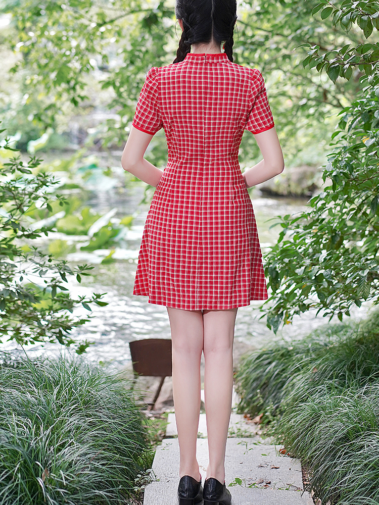 复古格子中式连身裙*2 Colors