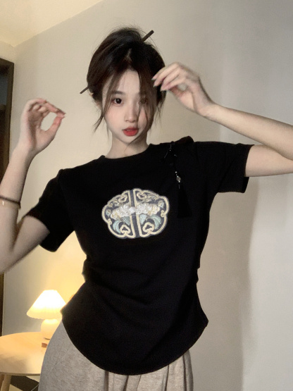 Real Shot New Chinese Style Rayon Air Layer 210g Short Sleeve T-Shirt for Women Summer Embroidery Slim Fit Regular Shoulder Short Round Neck Top