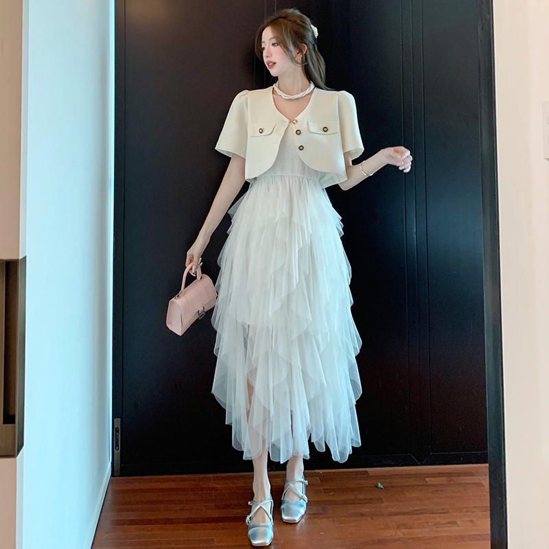 Real Shot Spot Elegant French Socialite Classic Style Short Sleeve Suit Coat Sling Cake Gauze Skirt Two-Piece Suit