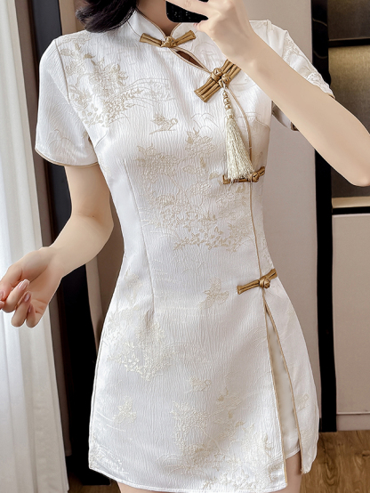 Real Shot Summer Fashion Improved Cheongsam Button New Chinese Style Jacquard Tassel Dress Shorts Two-Piece Set