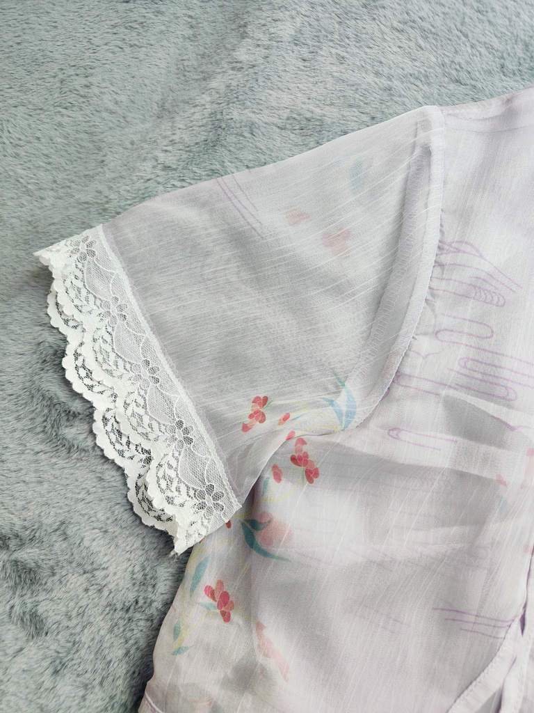 烟紫色古风印花假两件雪纺连衣裙  Lavender Floral Chiffon Layered Dress