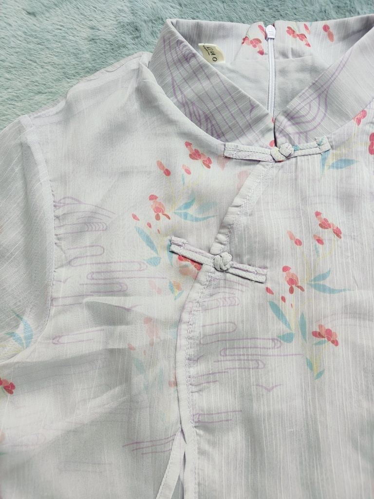 烟紫色古风印花假两件雪纺连衣裙  Lavender Floral Chiffon Layered Dress