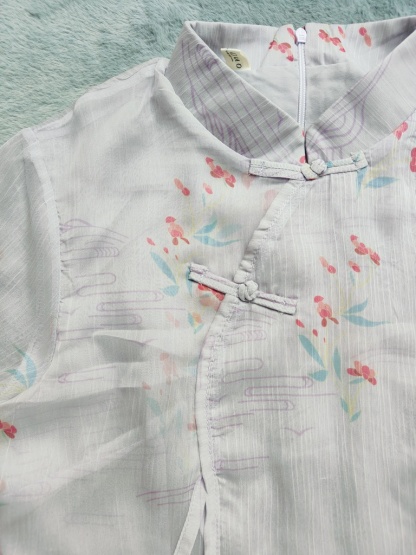 烟紫色古风印花假两件雪纺连衣裙  Lavender Floral Chiffon Layered Dress