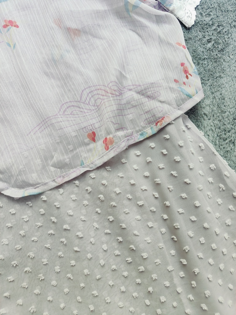 烟紫色古风印花假两件雪纺连衣裙  Lavender Floral Chiffon Layered Dress