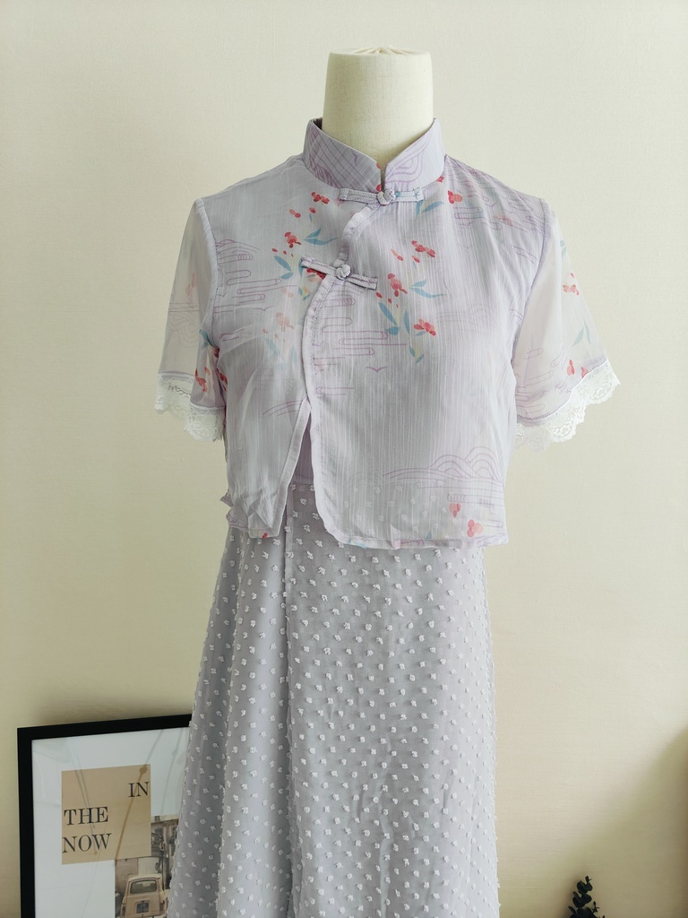 烟紫色古风印花假两件雪纺连衣裙  Lavender Floral Chiffon Layered Dress
