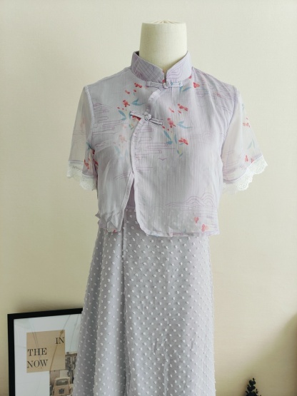 烟紫色古风印花假两件雪纺连衣裙  Lavender Floral Chiffon Layered Dress