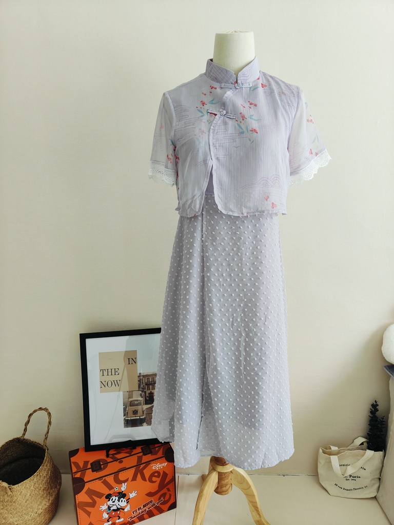 烟紫色古风印花假两件雪纺连衣裙  Lavender Floral Chiffon Layered Dress