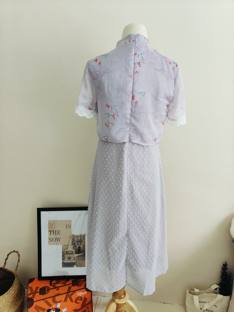 烟紫色古风印花假两件雪纺连衣裙  Lavender Floral Chiffon Layered Dress