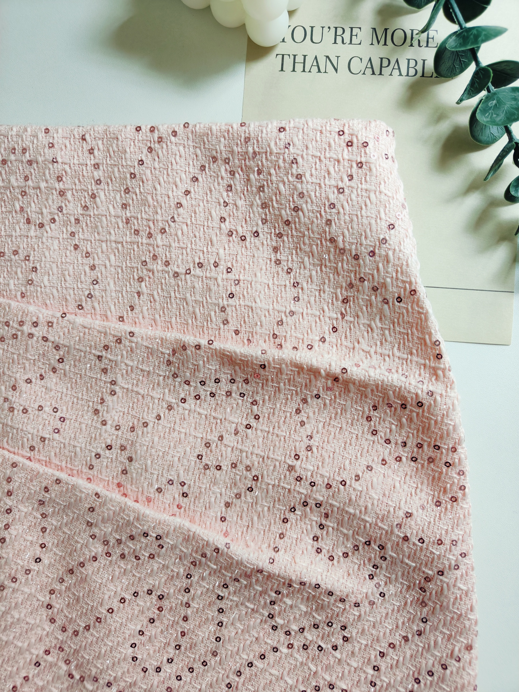 Chic Ruffled Tweed Mini Skirt 名媛气质粗花呢亮片褶皱短裙*Pink M