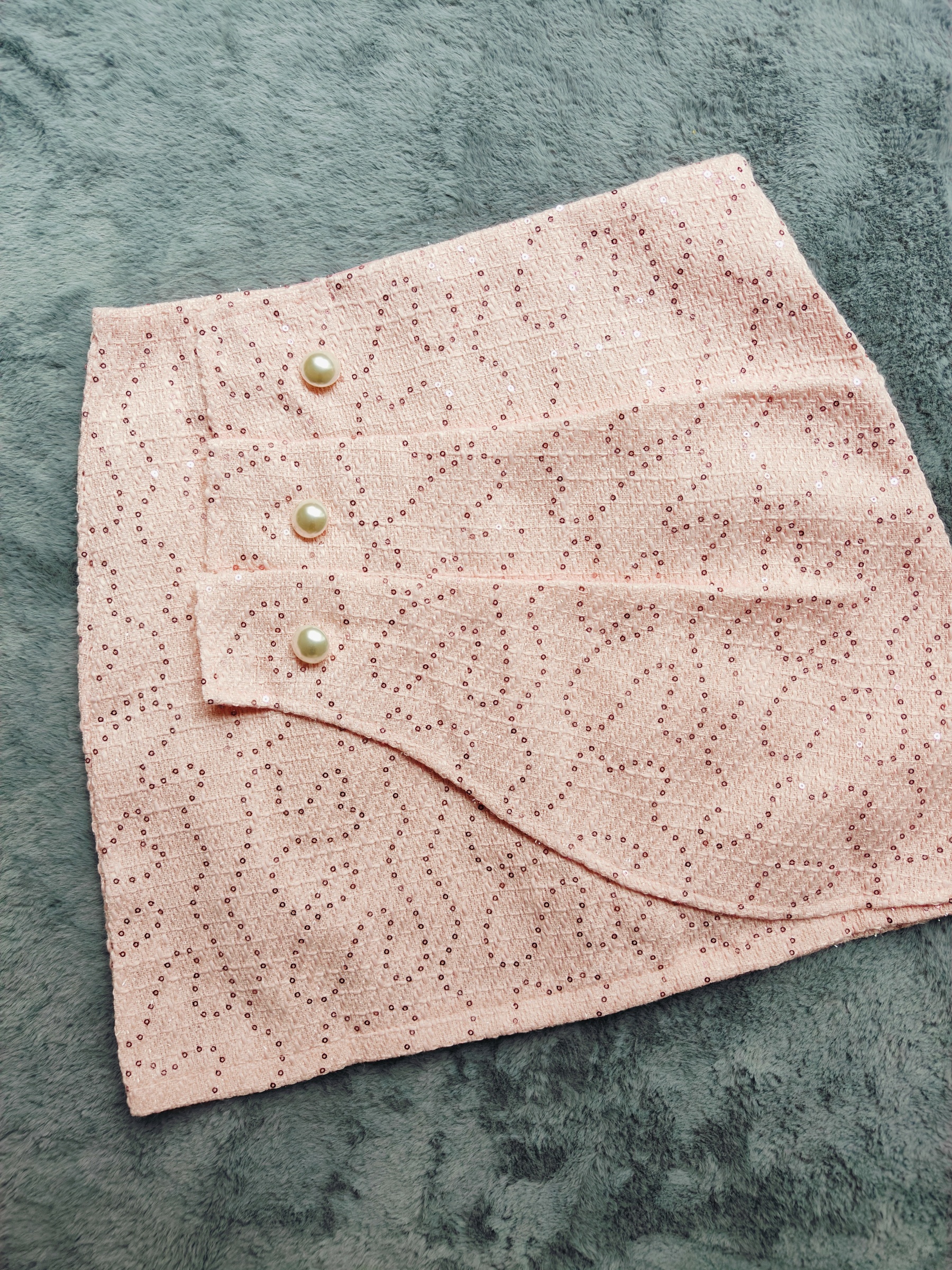 Chic Ruffled Tweed Mini Skirt 名媛气质粗花呢亮片褶皱短裙*Pink M