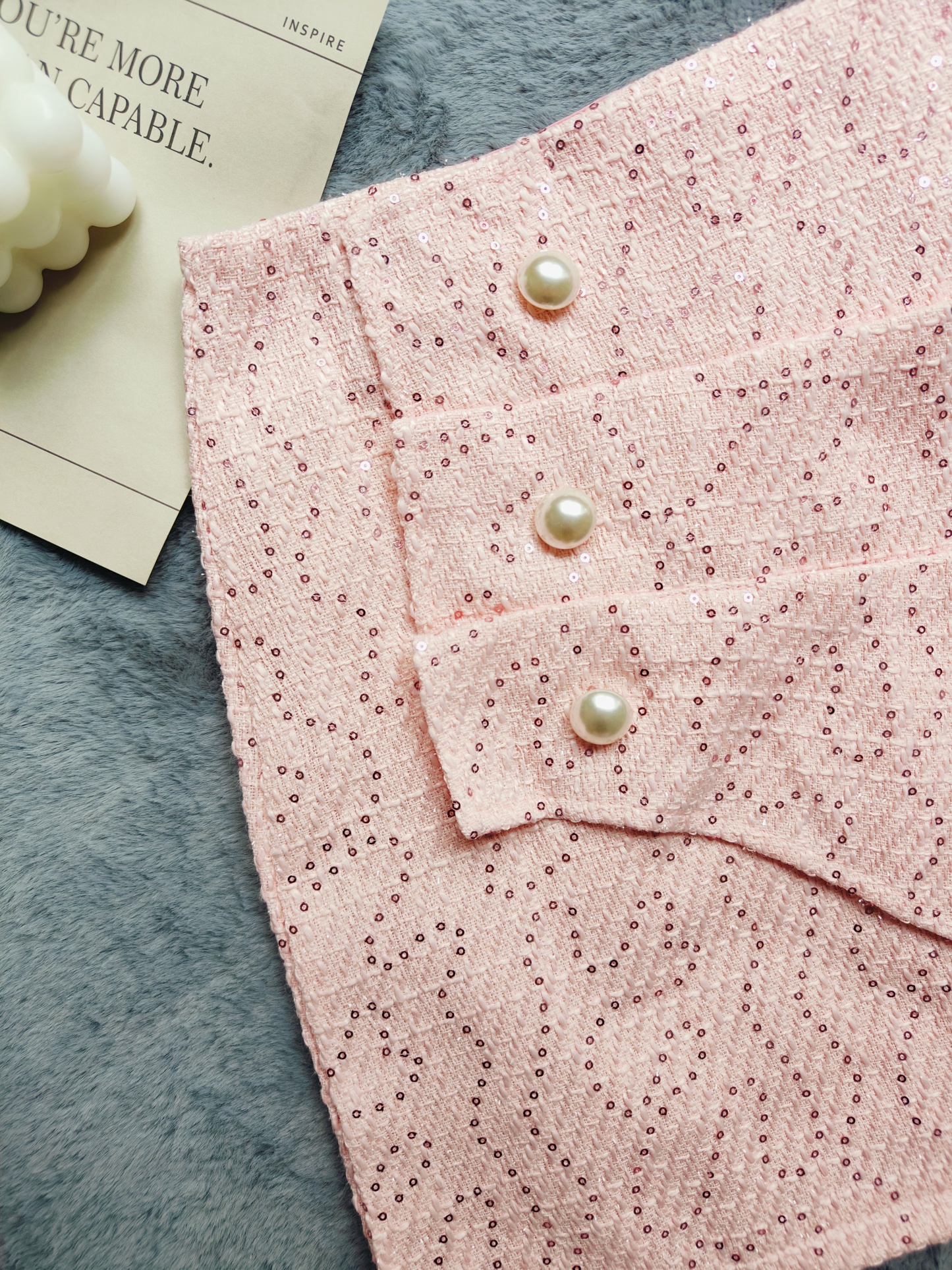 Chic Ruffled Tweed Mini Skirt 名媛气质粗花呢亮片褶皱短裙*Pink M