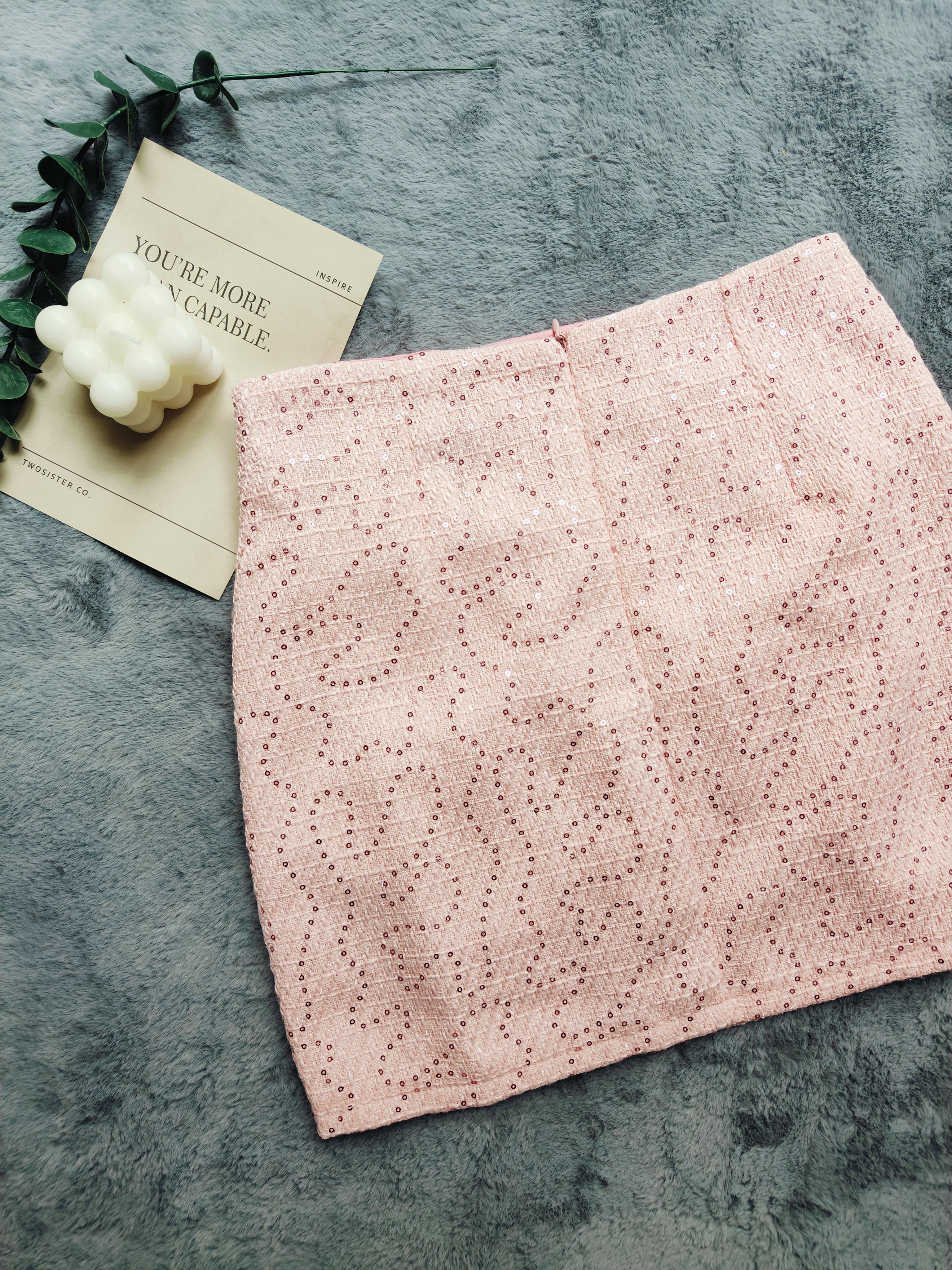 Chic Ruffled Tweed Mini Skirt 名媛气质粗花呢亮片褶皱短裙*Pink M