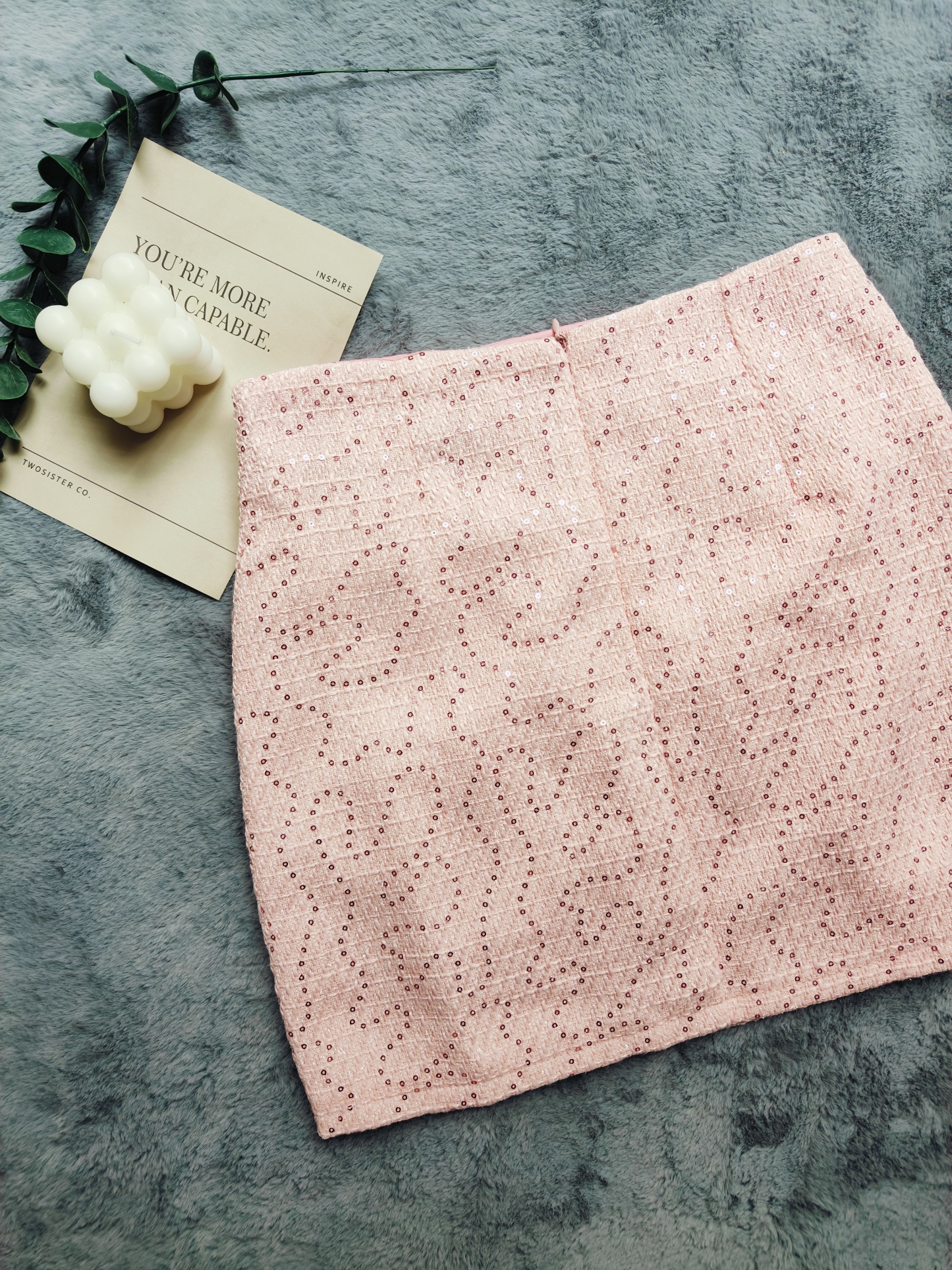 Chic Ruffled Tweed Mini Skirt 名媛气质粗花呢亮片褶皱短裙*Pink M