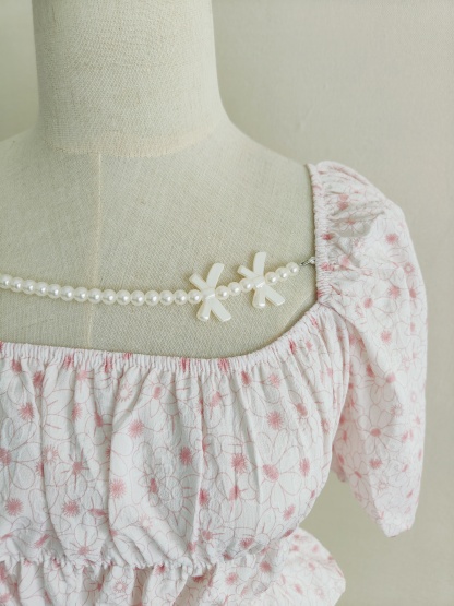  Pearl Chain Pink Floral Crop Top 珍珠链条粉色碎花短款上衣