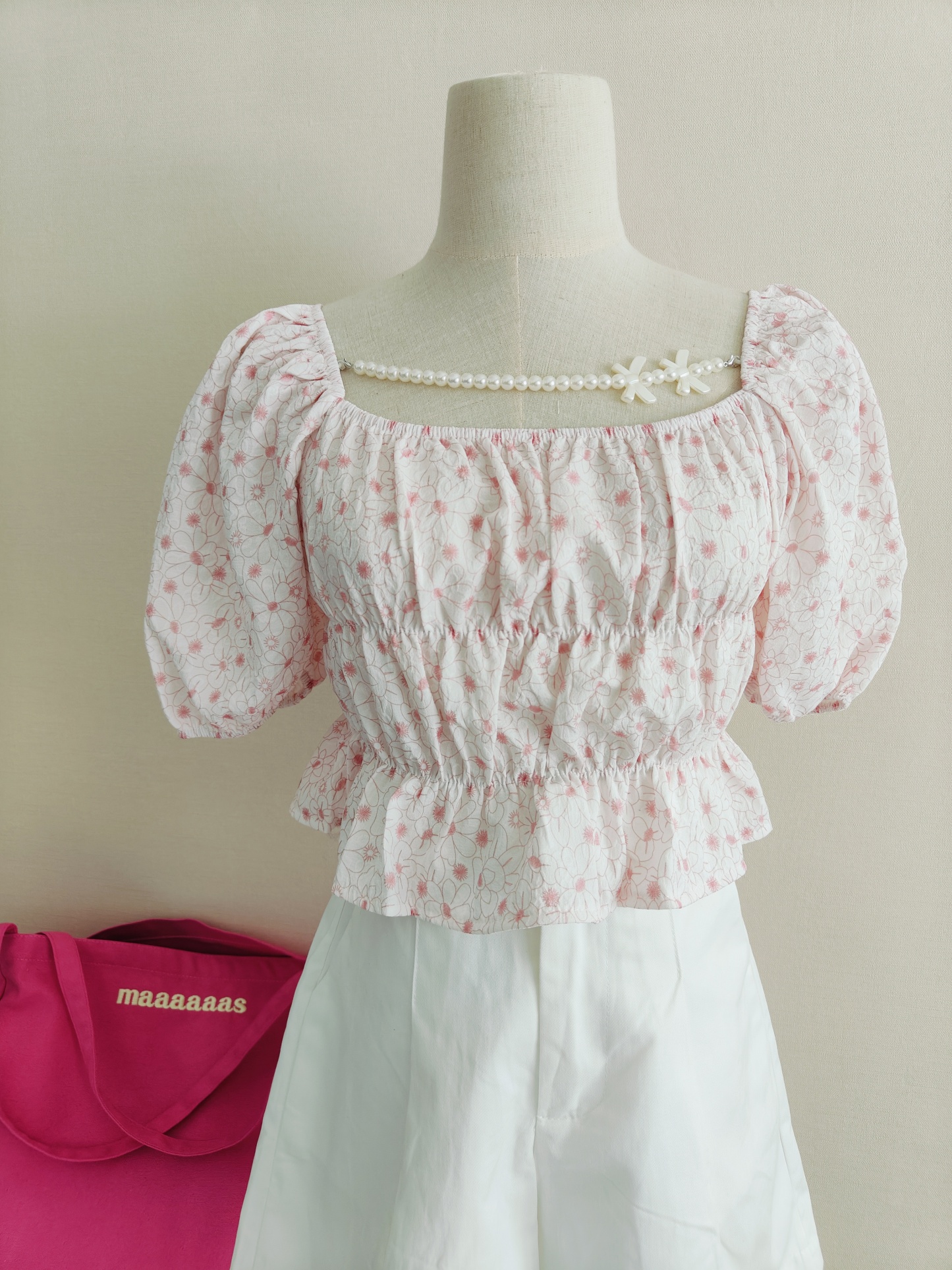  Pearl Chain Pink Floral Crop Top 珍珠链条粉色碎花短款上衣