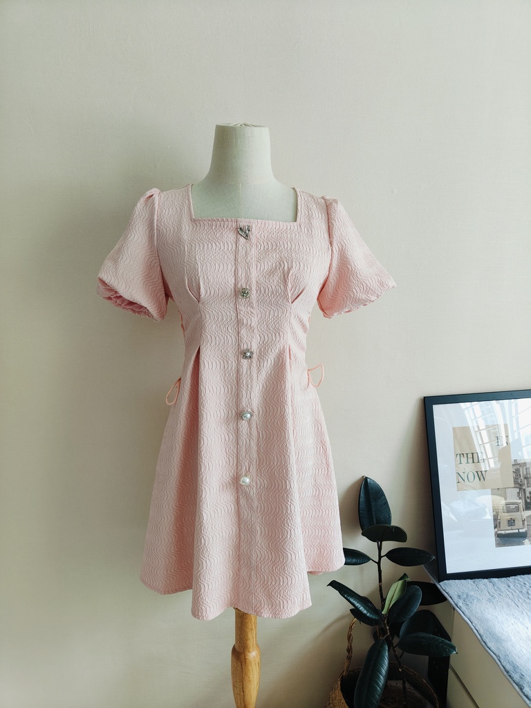 法式方领单排扣收腰连衣裙*Pink M