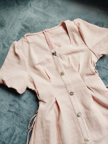 法式方领单排扣收腰连衣裙*Pink M