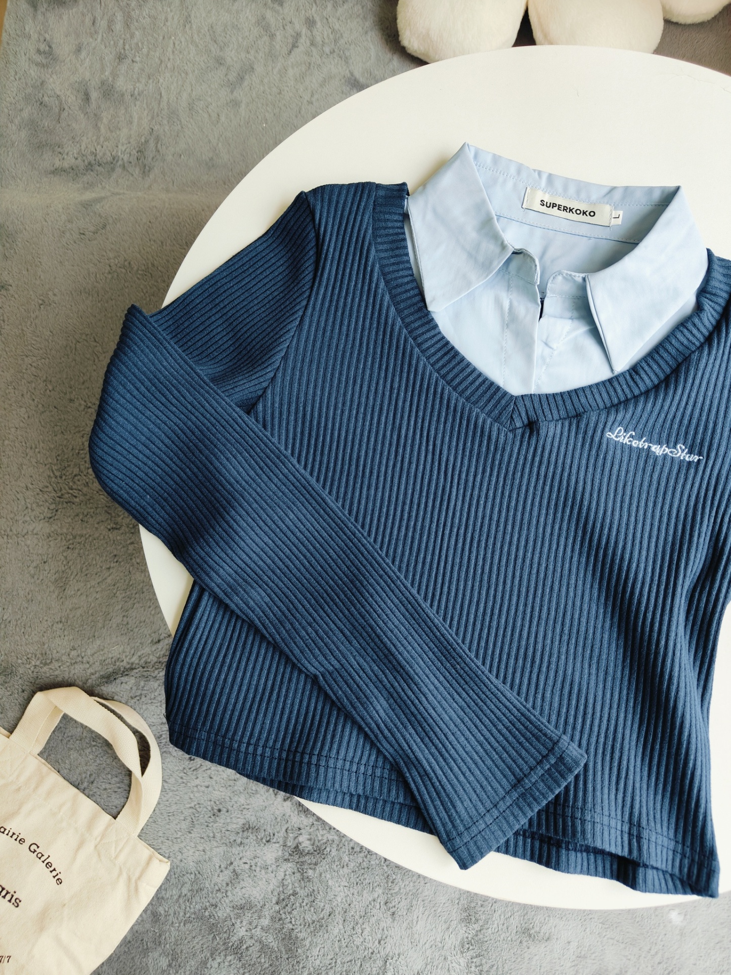 Slim Fit V-Neck Layered Shirt 蓝色假两件V领长袖修身T恤 