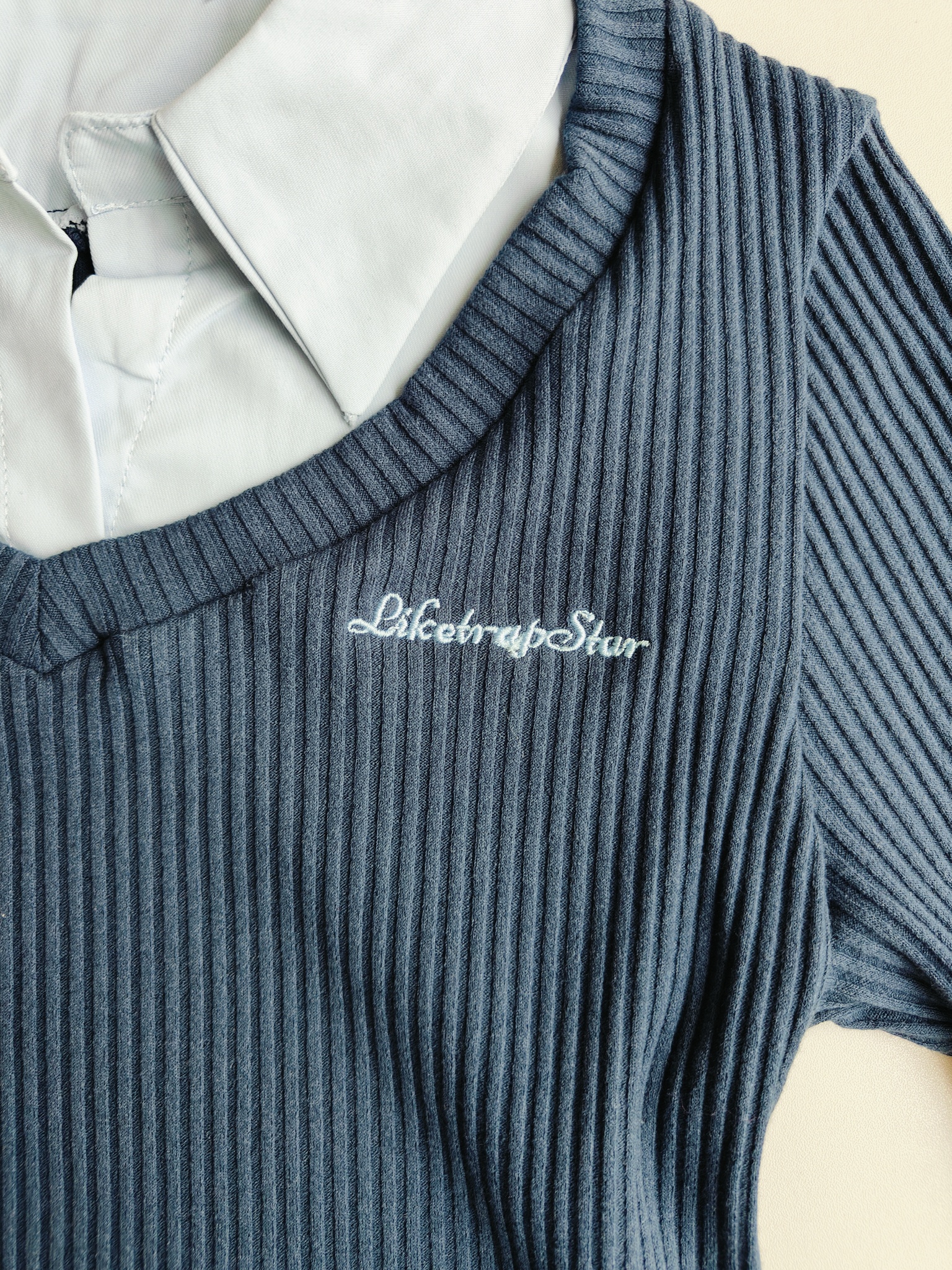 Slim Fit V-Neck Layered Shirt 蓝色假两件V领长袖修身T恤 