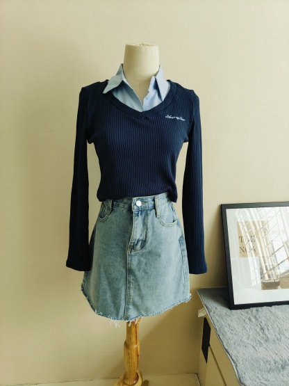 Slim Fit V-Neck Layered Shirt 蓝色假两件V领长袖修身T恤 