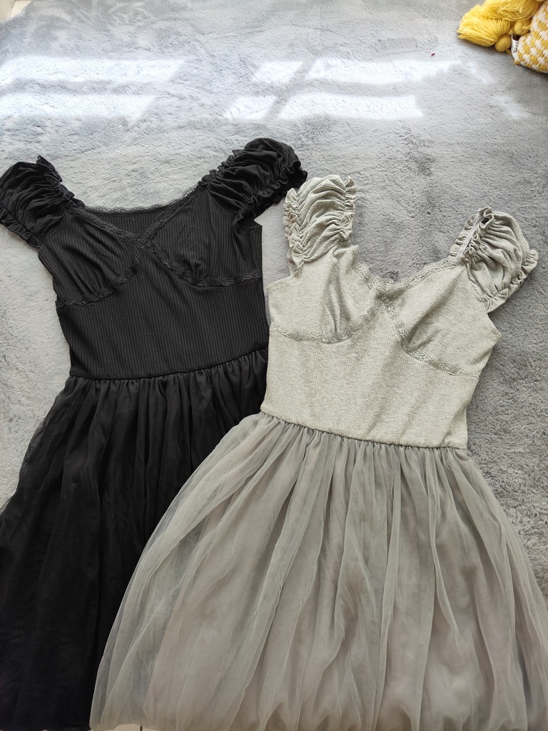 V-Neck Tulle and Mesh Dress法式气质V领拼接纱裙*2Colors