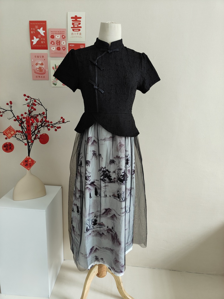  优雅复古印花假两件连身裙*Size L 