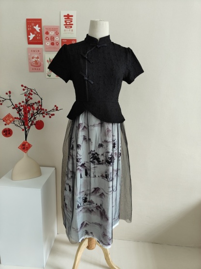  优雅复古印花假两件连身裙*Size L 