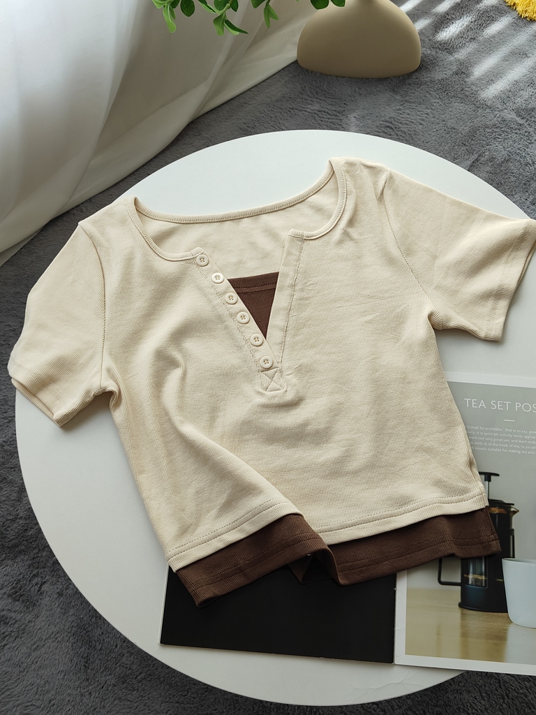 Faux Layered V-Neck Top 假两件V领上衣*4 Colors