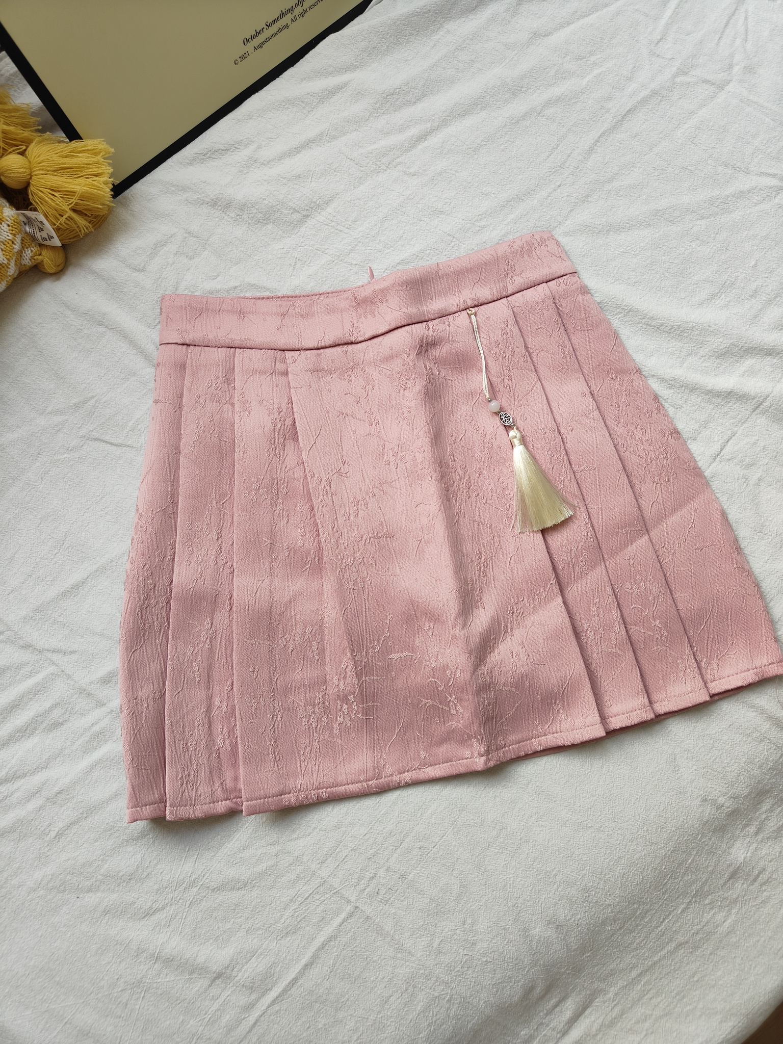 Floral Jacquard Tassel Pleated Short Skirt 提花流苏百褶裙短裙*pink S