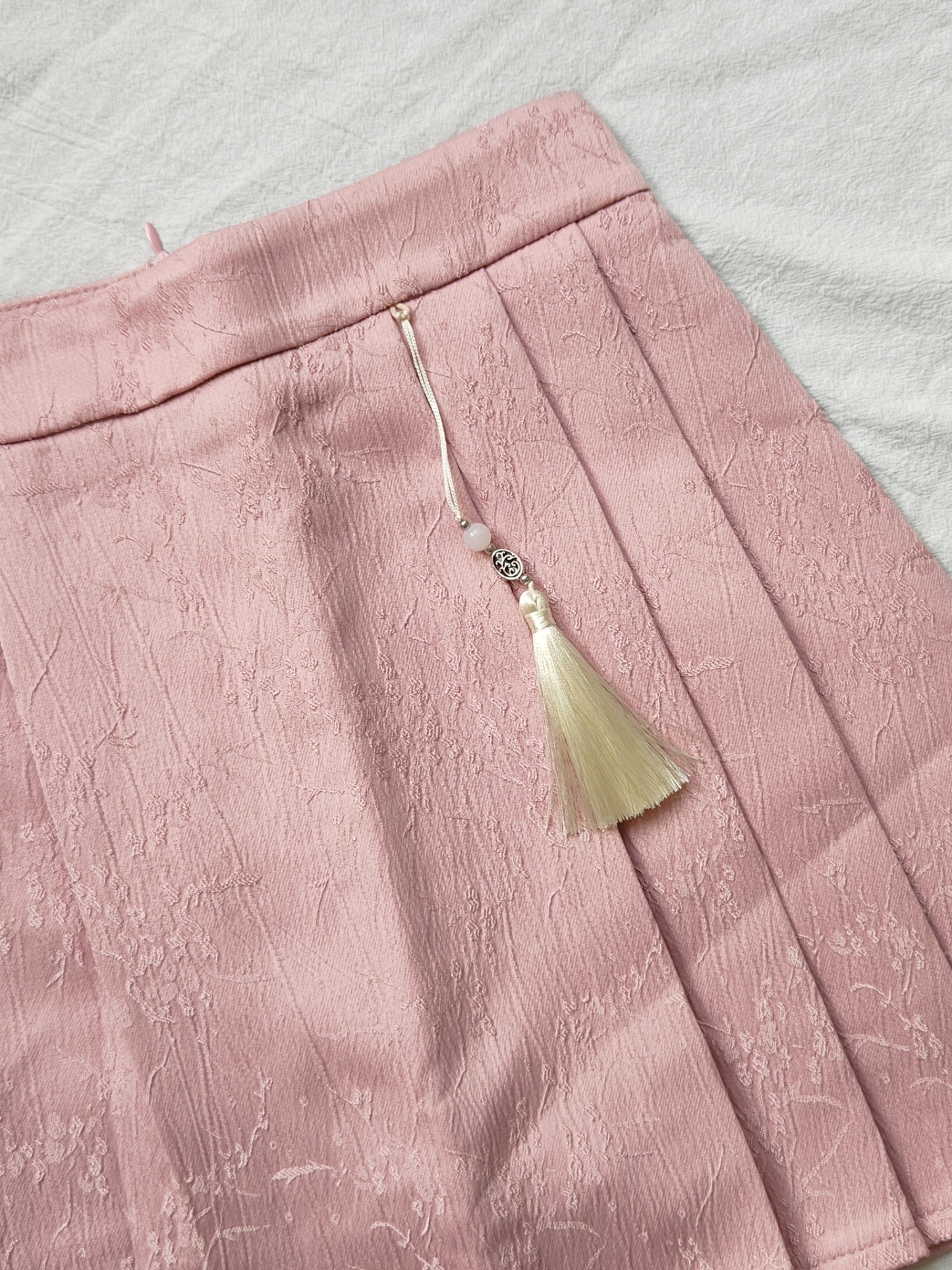 Floral Jacquard Tassel Pleated Short Skirt 提花流苏百褶裙短裙*pink S