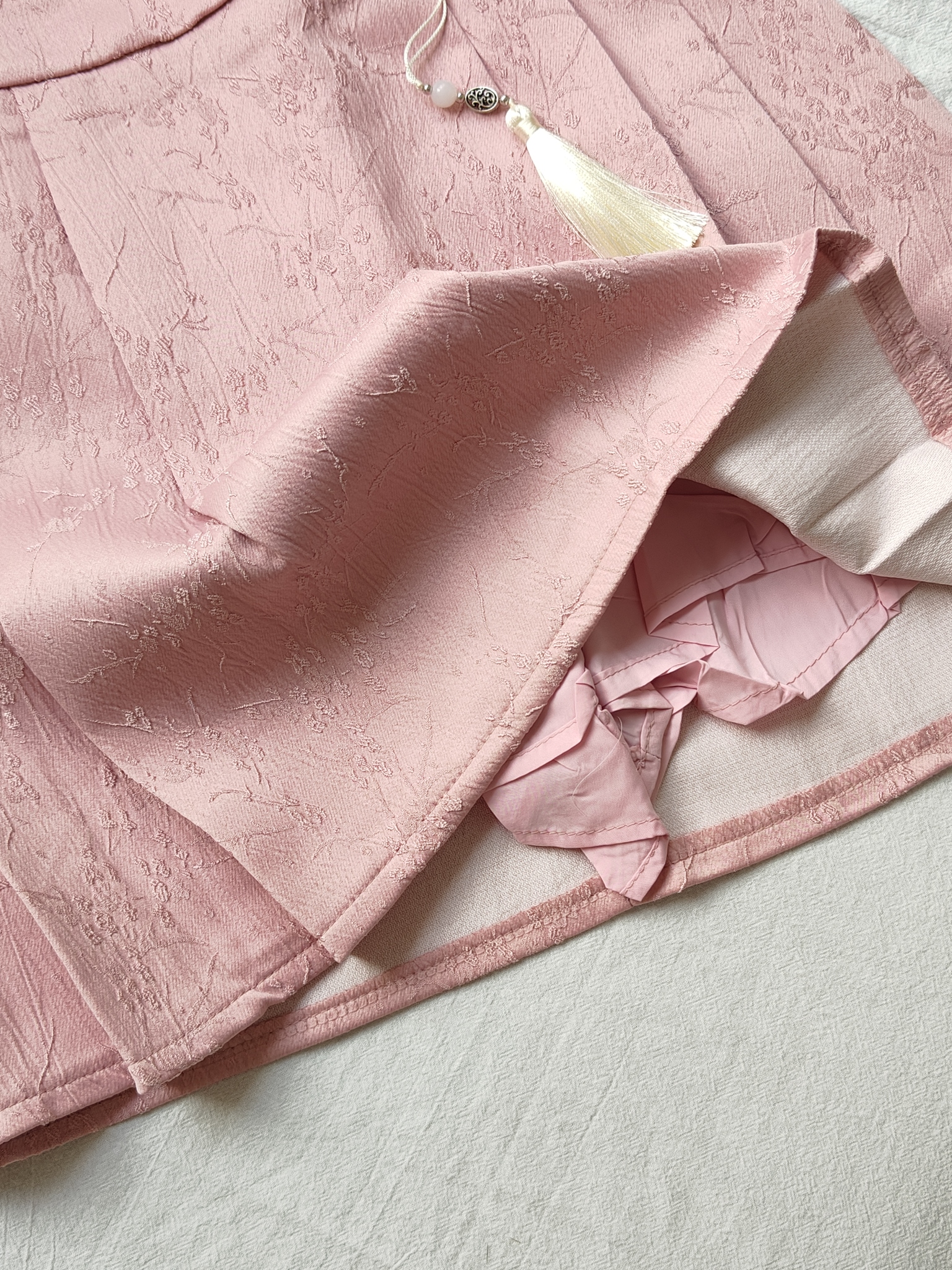 Floral Jacquard Tassel Pleated Short Skirt 提花流苏百褶裙短裙*pink S