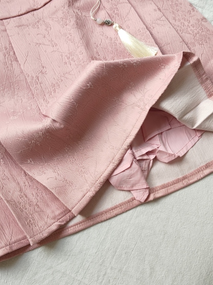 Floral Jacquard Tassel Pleated Short Skirt 提花流苏百褶裙短裙*pink S