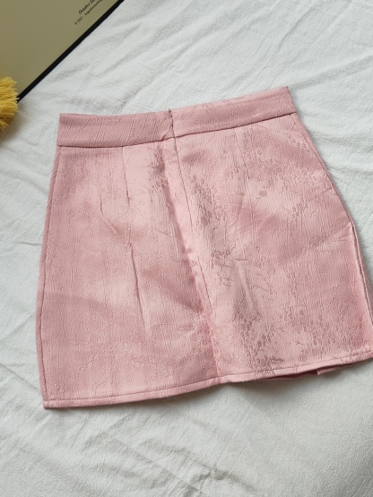 Floral Jacquard Tassel Pleated Short Skirt 提花流苏百褶裙短裙*pink S