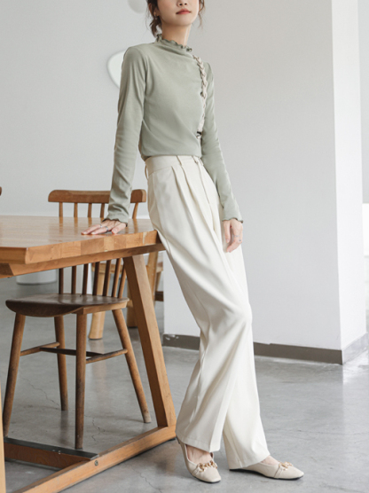 Real Shot-Temperament Mop Pants Women's Spring High Waist Drooping Casual Suit Pants 2024 New Loose Wide Leg Pants