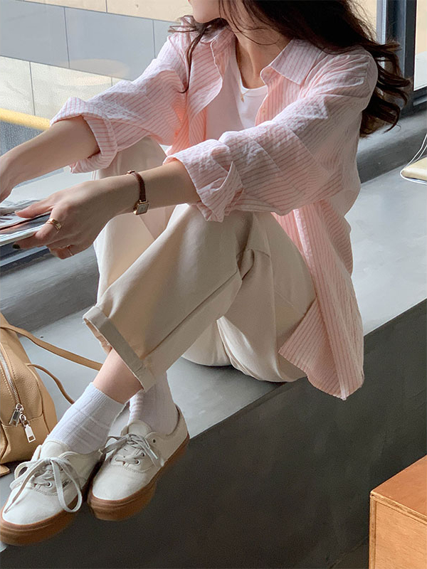 Casual Striped Long-Sleeve Blouse 治愈系女孩~经典条纹宽松长袖衬衫*3Colors